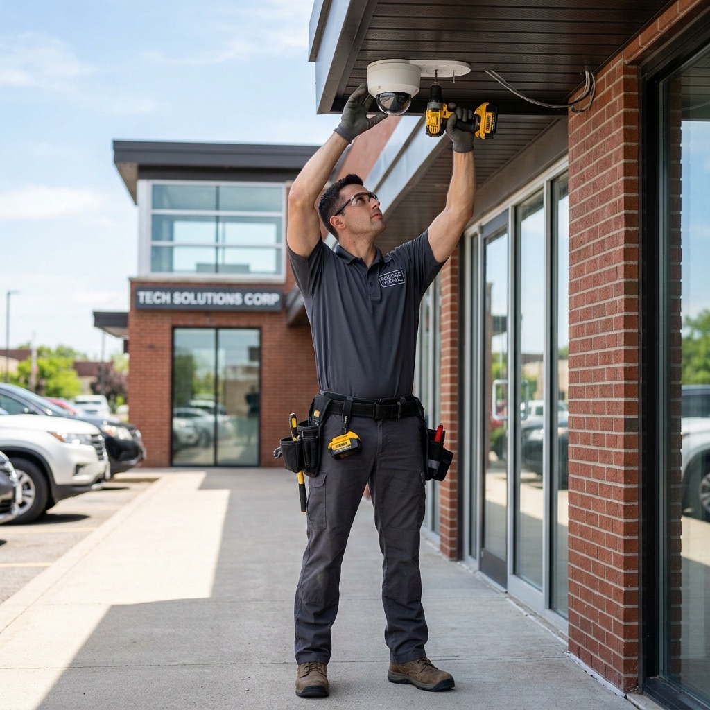 AIT technician installing a security camera in Tinton Falls, NJ