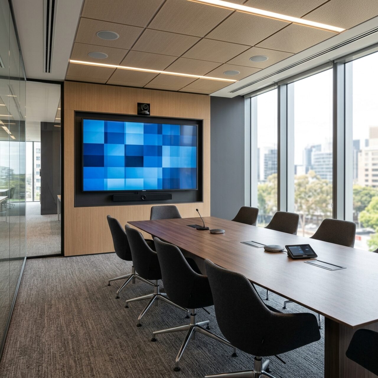 Conference room with a wall-mounted display, soundbar, and ceiling camera installed by AIT